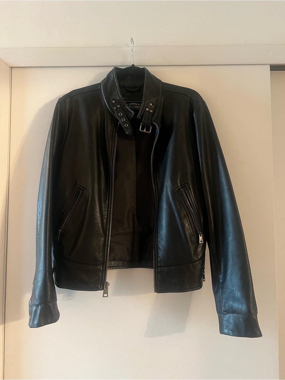 Women's Black Leather Biker Jacket with Buckle Collar
